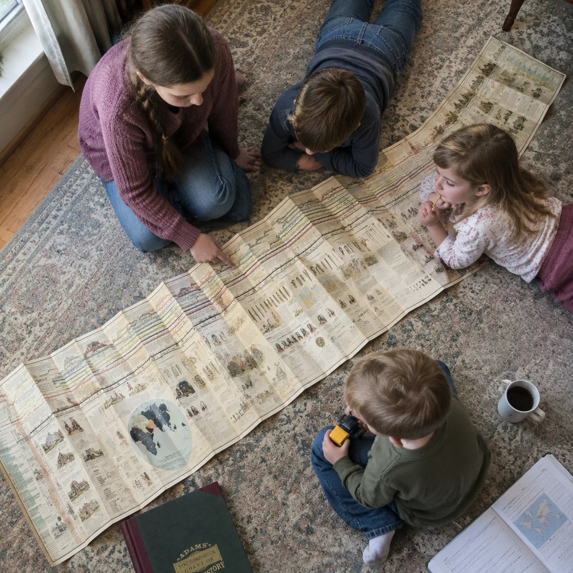Four kids on the floor over the Adams Map of History