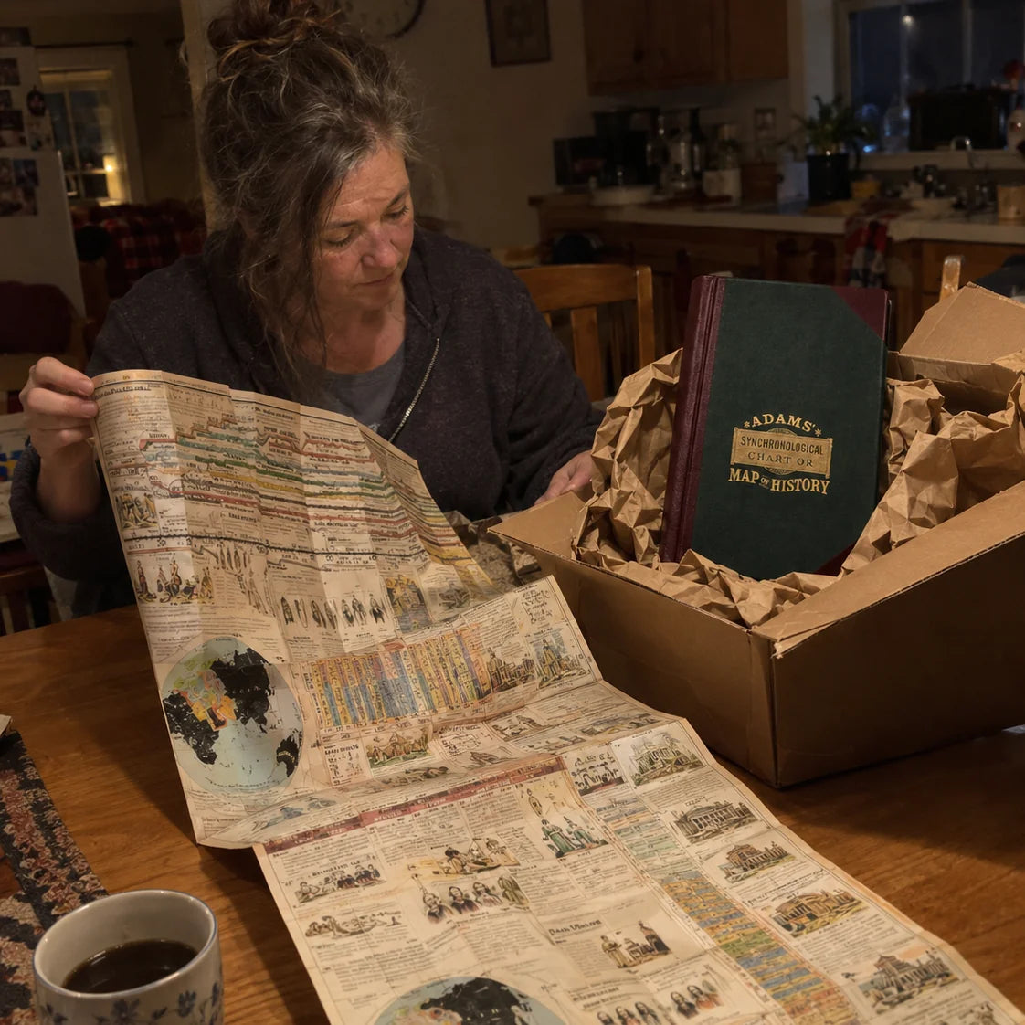 The chart arriving in its rigid box on a kitchen table at night
