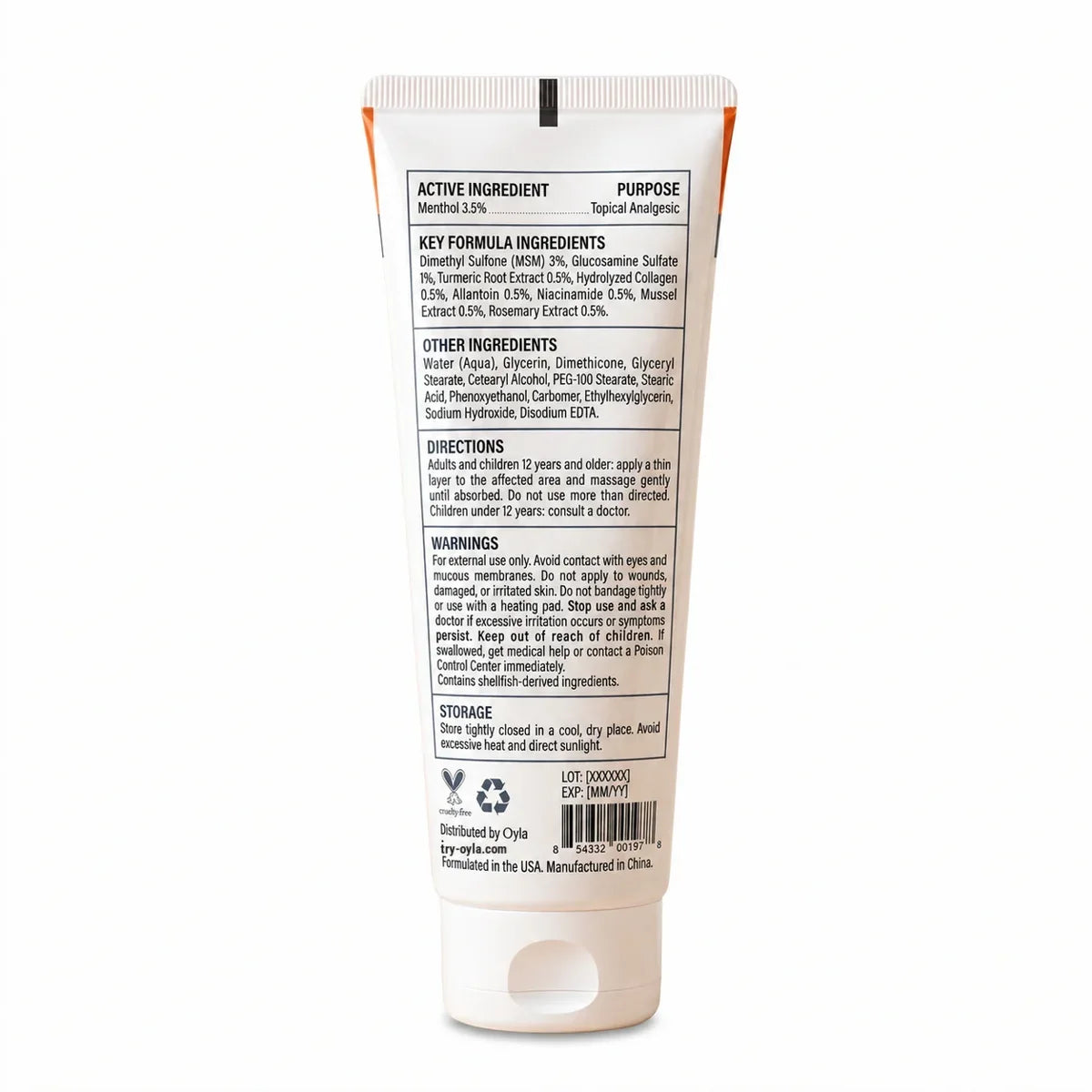Back of the Oyla Joint Massage Cream tube with ingredients