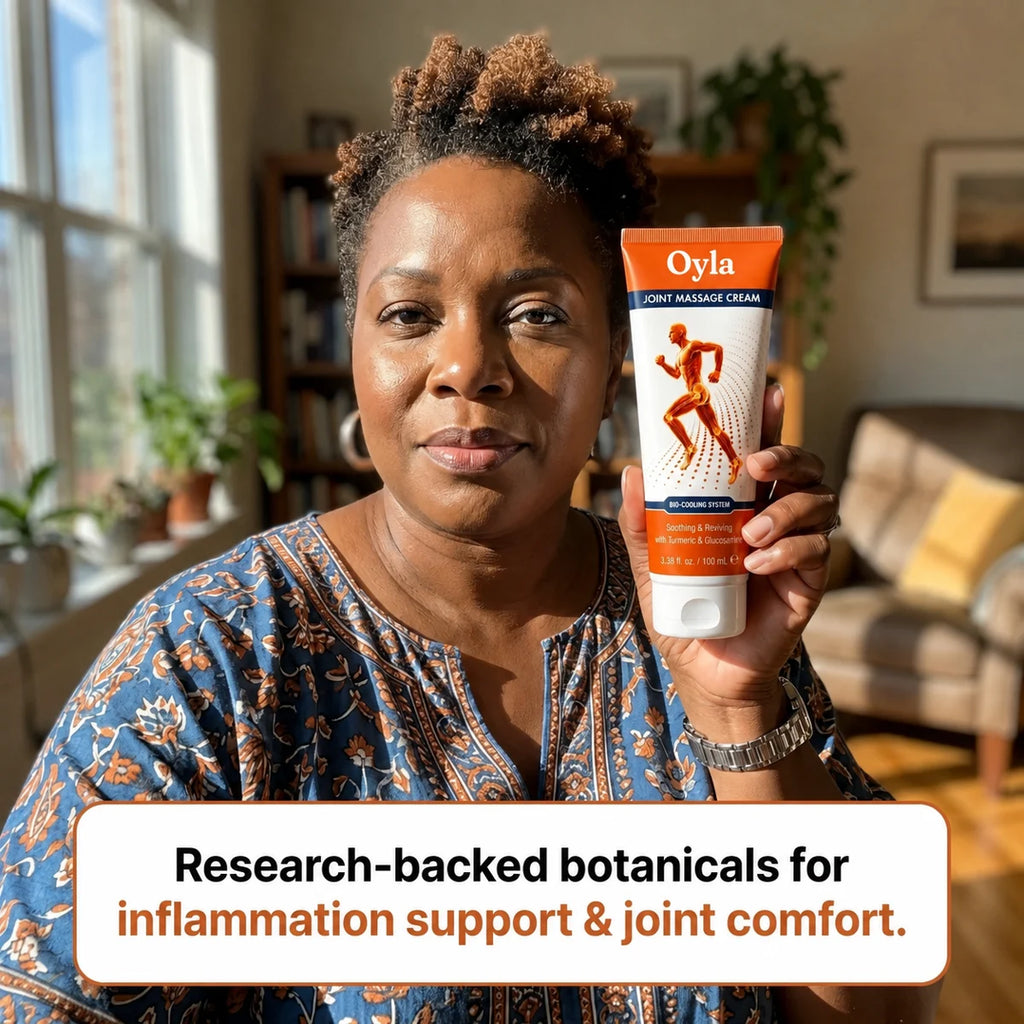 Woman holding Oyla Joint Massage Cream