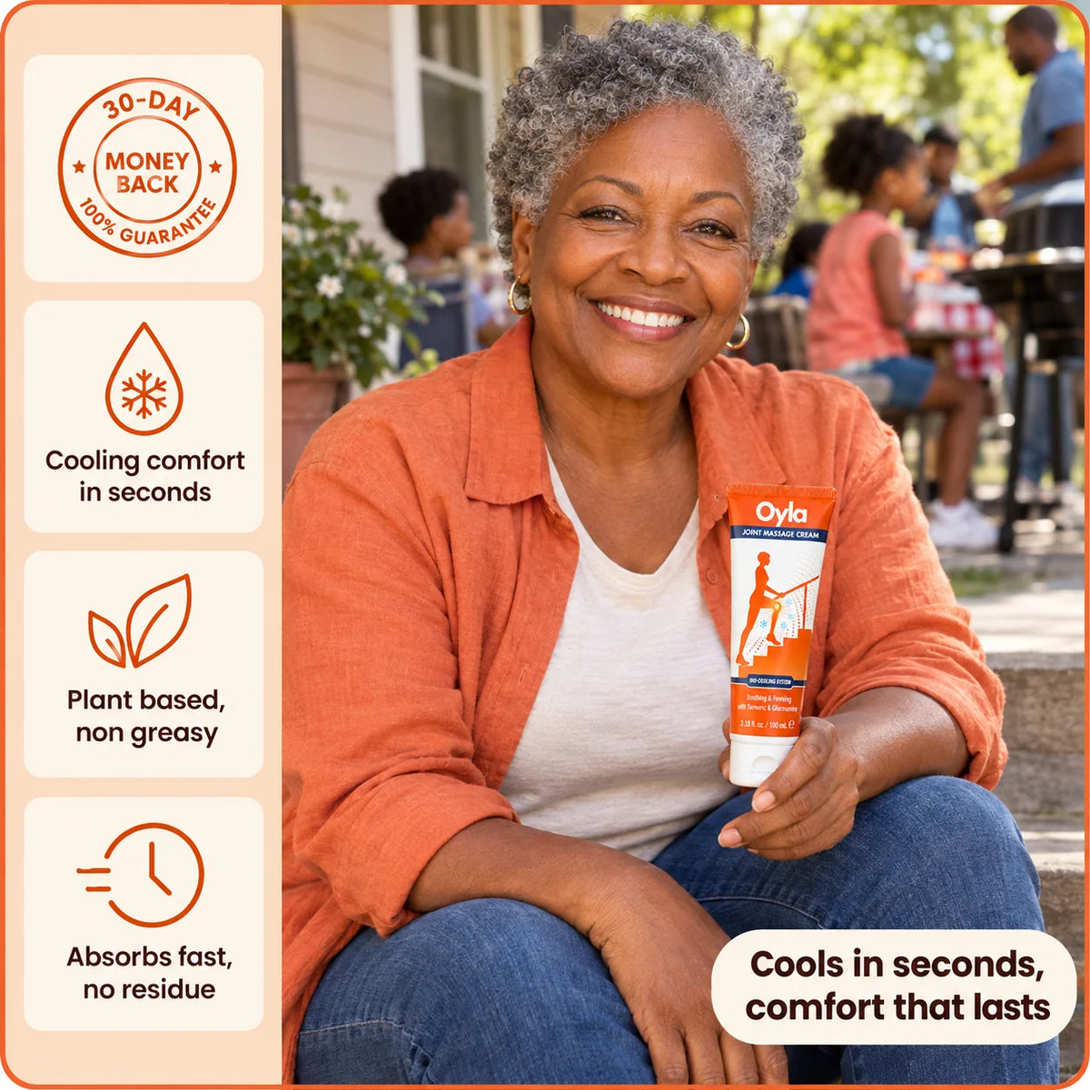 Grandmother smiling at a family cookout with Oyla Joint Massage Cream